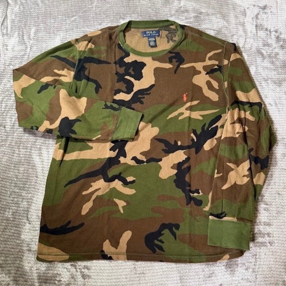 Polo Ralph Lauren Mens Camo Waffle Knit Thermal Long Sleeve Sleep Shirt Large